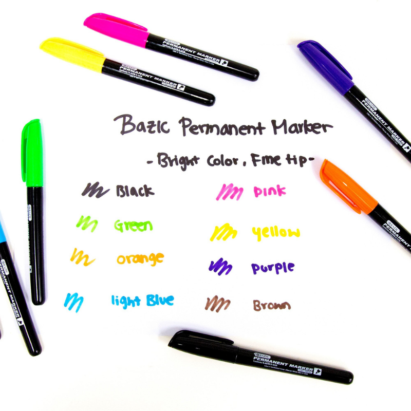 BAZIC Bright Colors Fine Tip Permanent Markers w/ Pocket Clip (5/Pack)