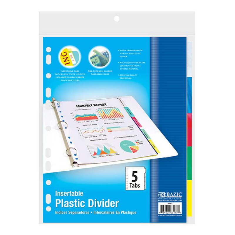 BAZIC 3-Ring Binder Dividers w/ 5-Insertable Colour Tabs