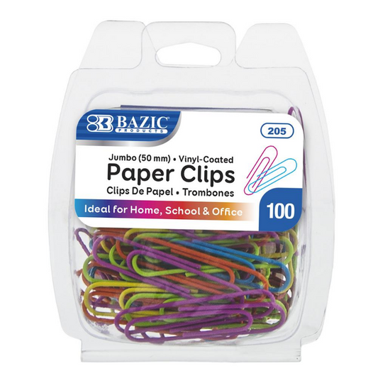 BAZIC Jumbo (50mm) Color Paper Clips (100/Pack)