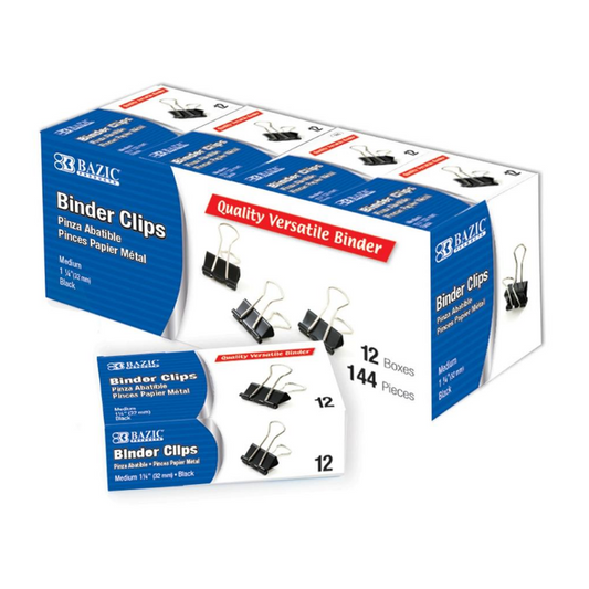 BAZIC Medium 1 1/4" (32mm) Black Binder Clip (12/Pack)