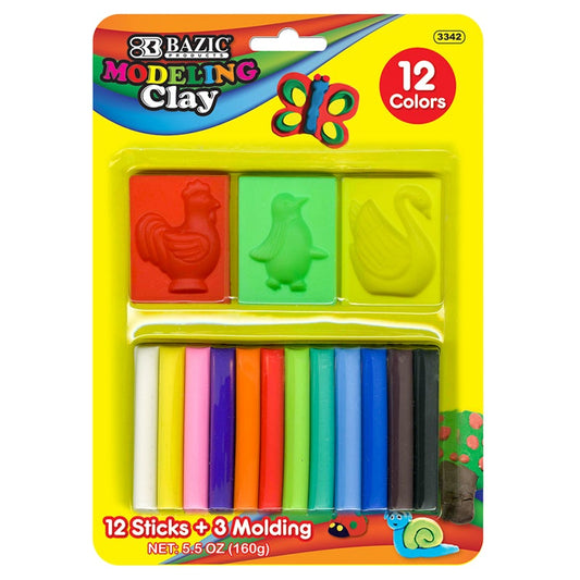 BAZIC 160g Modeling Clay Sticks w/ 3 Molding Tray (12 Colours/Pack)