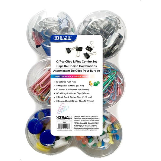 BAZIC Push Pin, Paper Clip, Binder Clip, Magnetic Button Combo Sets