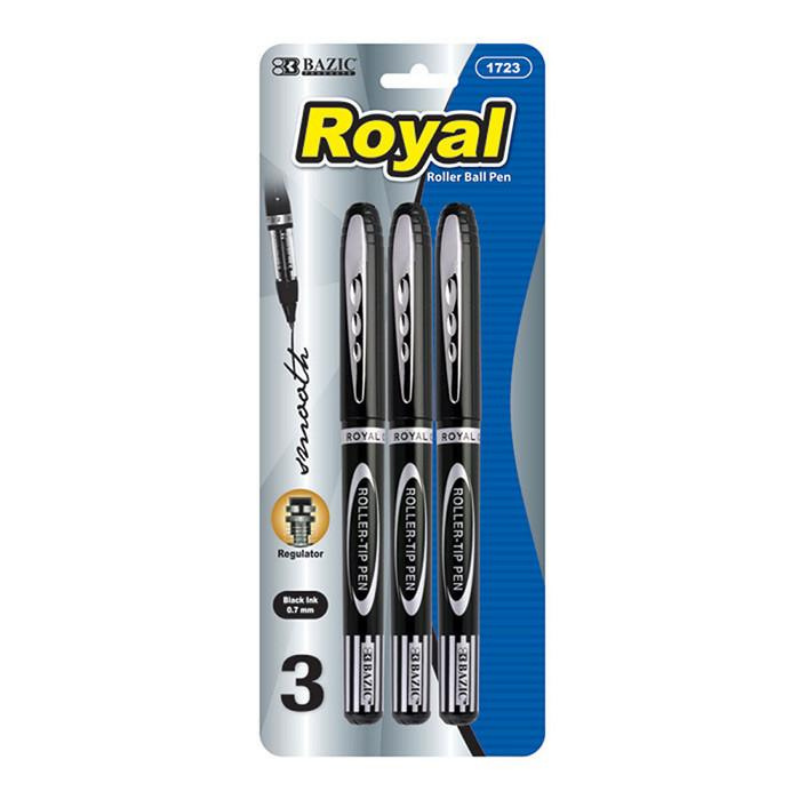 BAZIC Royal Black Rollerball Pen (3/Pack)