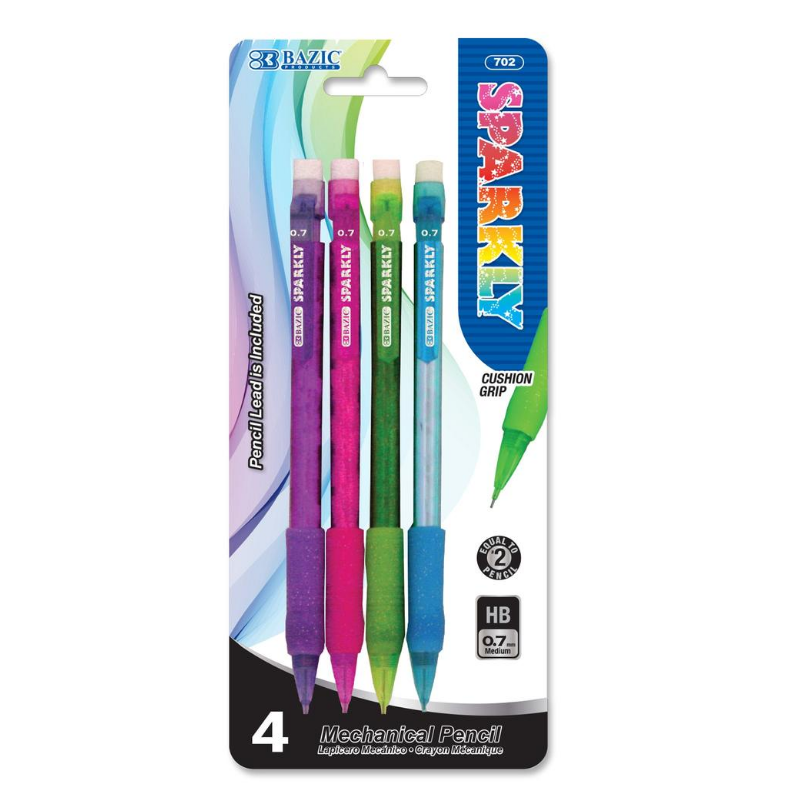 BAZIC Electra Sparkly 0.7mm Mechanical Pencil w/ Glitter Grip (4/Pack)