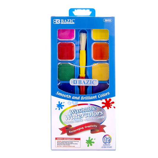 BAZIC 12 Colour Watercolour Paint w/ Brush & Mixing Palette