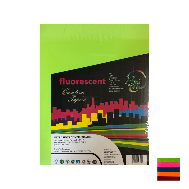 BriCha 176gsm Coloured Board (100 Sheets) - Assorted - 8.5" x 11"