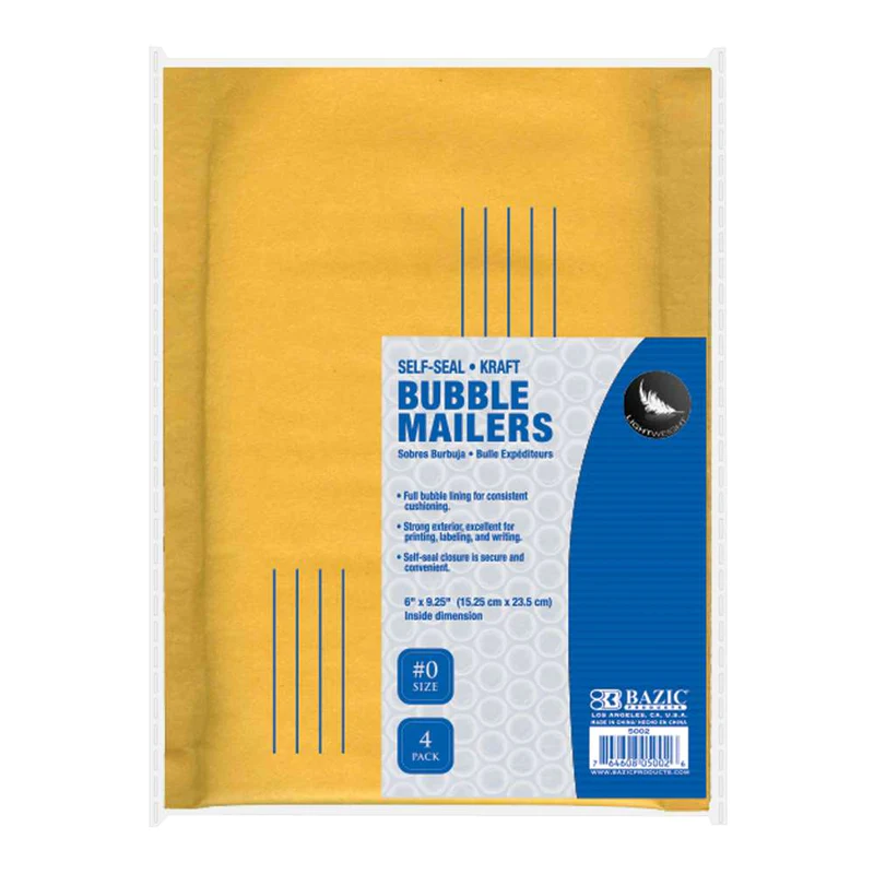 BAZIC 6" x 9.25" (#0) Self-Seal Kraft Bubble Mailers (4/Pack)