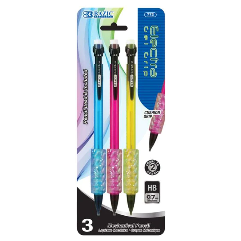 BAZIC 0.7mm Electra Fashion Colour Mechanical Pencil with Gel Grip (3/Pack)