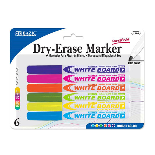 BAZIC Bright Color Fine Tip Dry-Erase Markers (6/Pack)