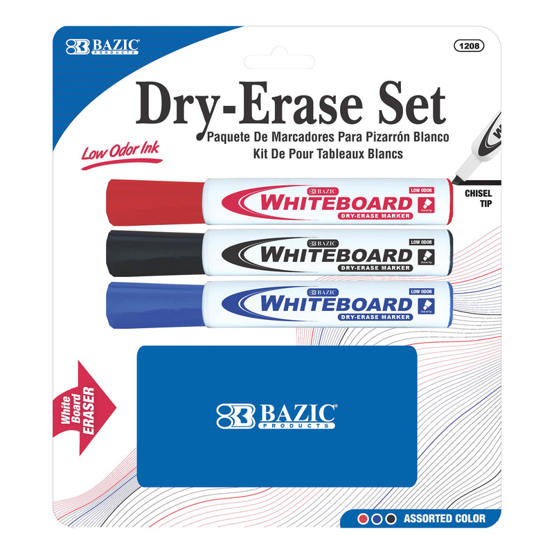 BAZIC Assorted 3 Colour Chisel Tip Dry Erase Markers w/ Eraser
