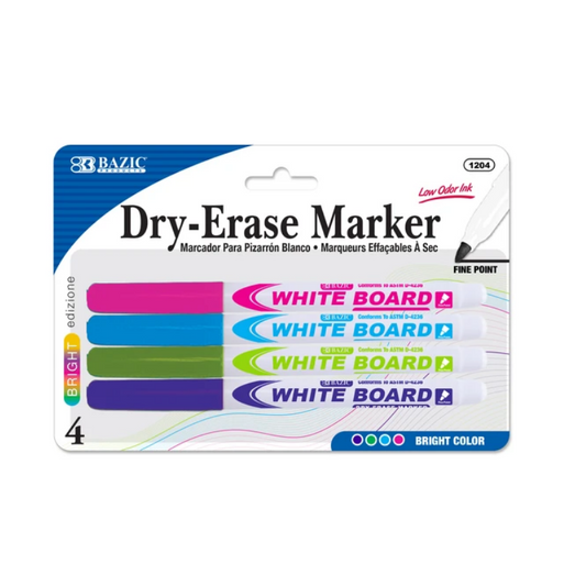 BAZIC Fine Tip Bright Color Dry-Erase Markers (4/Pack)