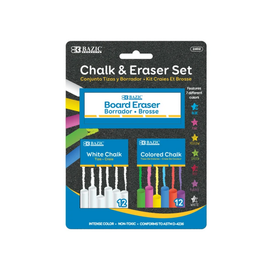 BAZIC 12 Color & 12 White Chalk w/ Eraser Set