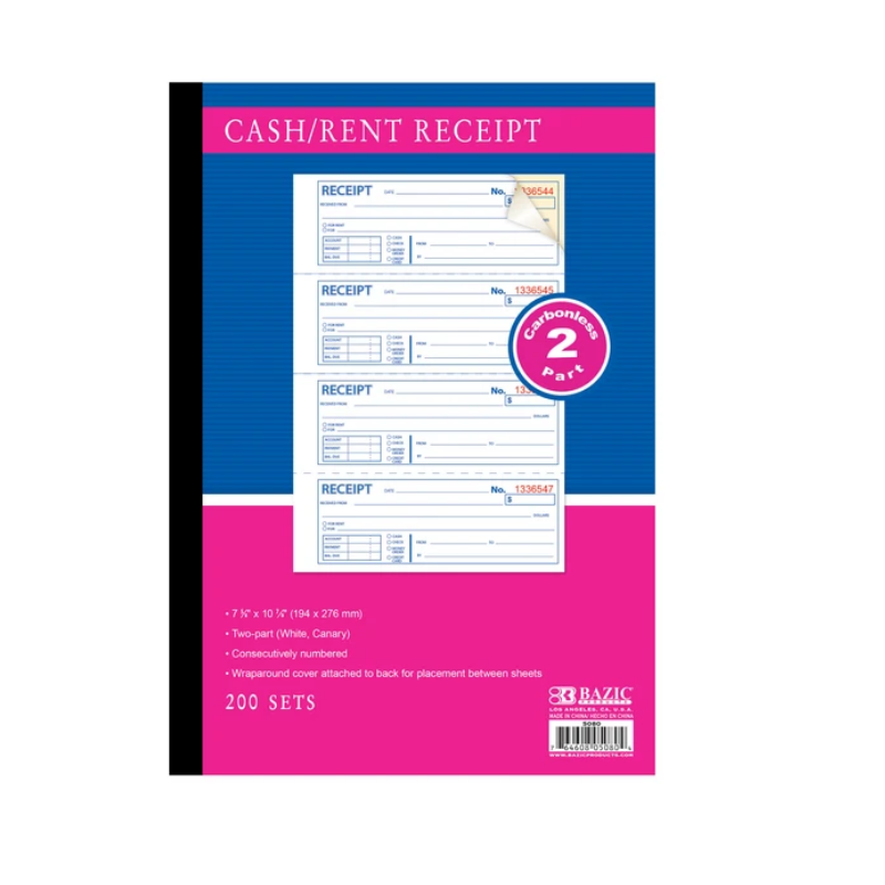 BAZIC 7 5/8" x 10 7/8" Cash or Rent Receipt Book (200 Sets)