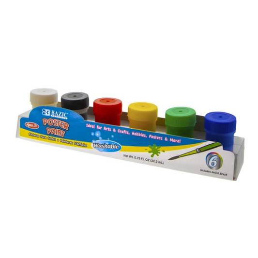 BAZIC 0.75oz / 22ml 6 Colour Washable Poster Paint w/ Brush