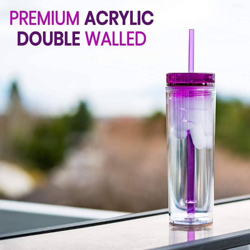 16oz Acrylic Skinny Tumbler with Coloured Lid & Straw