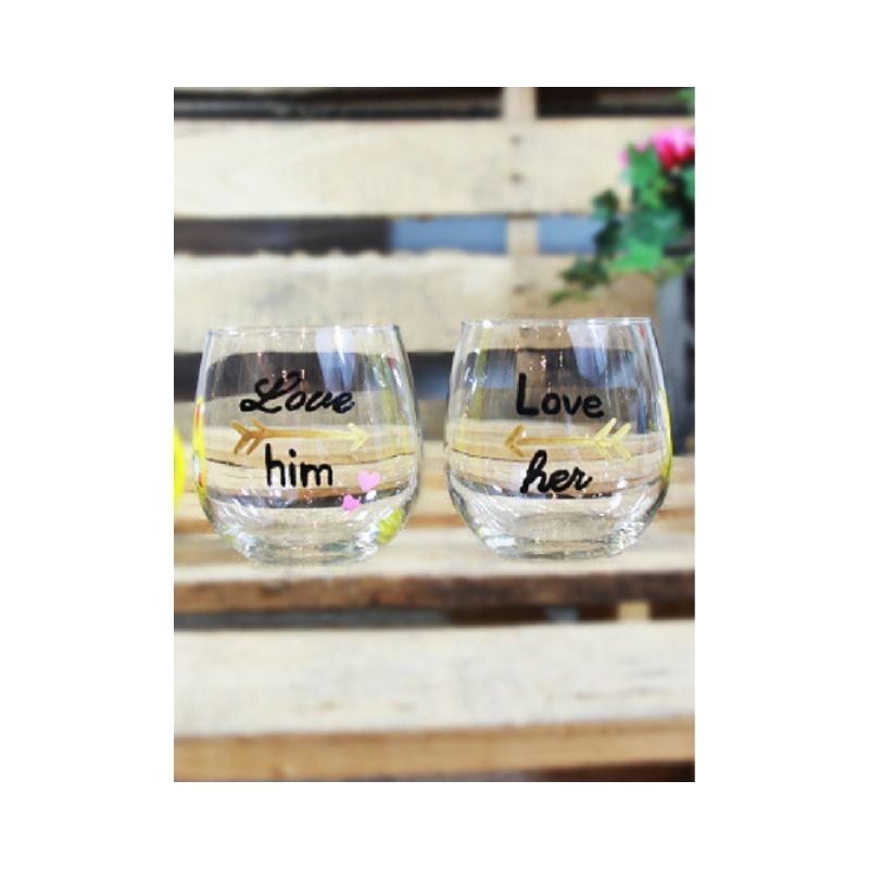 Tipsy - Stemless Wine Glasses Couples Set - Love Him, Love Her