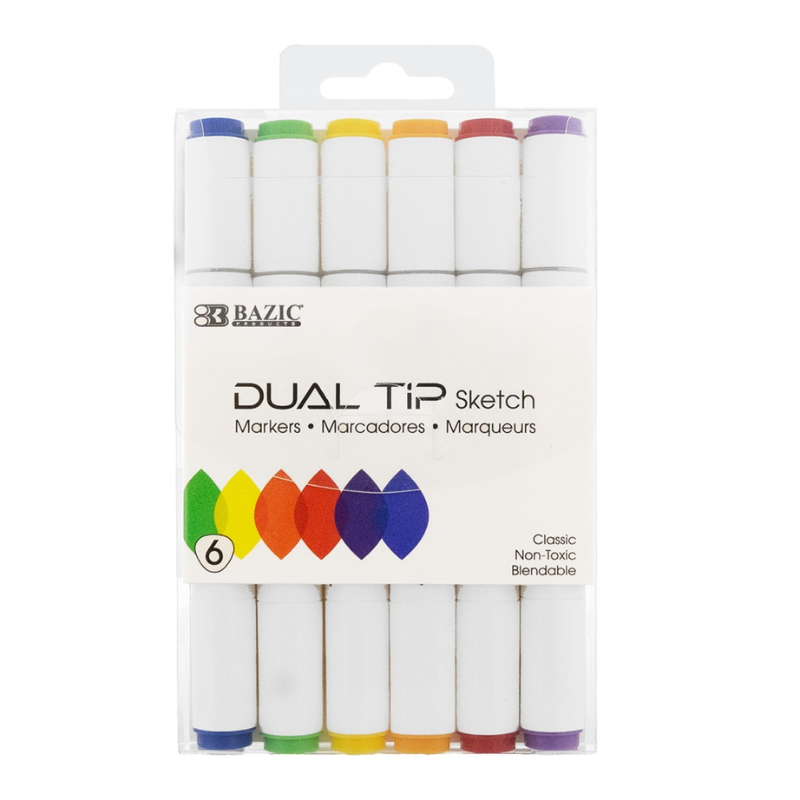 BAZIC Dual Tip Alcohol-Based Markers (6/Pack) - Primary