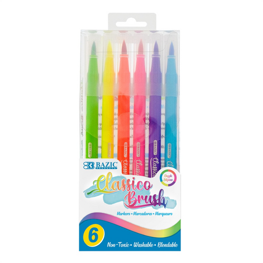 BAZIC Fine Tip Washable Brush Markers (6/Pack) - Fluorescent