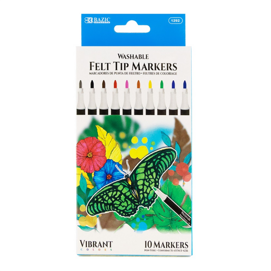 BAZIC Felt Tip Washable Markers (10/Pack)